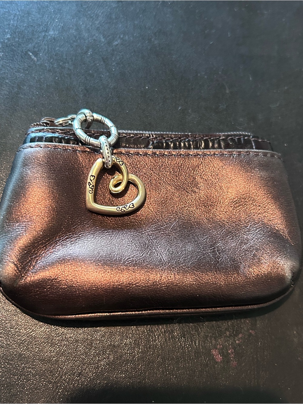 Brighton Bronze Metallic Leather Coin/Key Pouch with Heart Charm Zip Closure